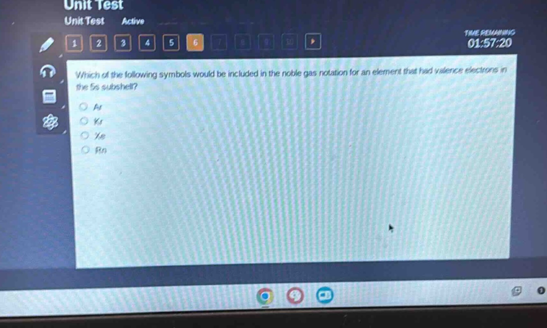 which of the following symbols would be included in the noble - gas notation for an element that had valence electrons in the 5s subshell?\nar\nkr\nxe\nrn