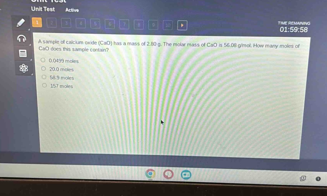 a sample of calcium oxide (cao) has a mass of 2.80 g. the molar mass of cao is 56.08 g/mol. how many moles of cao does this sample contain?\n0.0499 moles\n20.0 moles\n58.9 moles\n157 moles