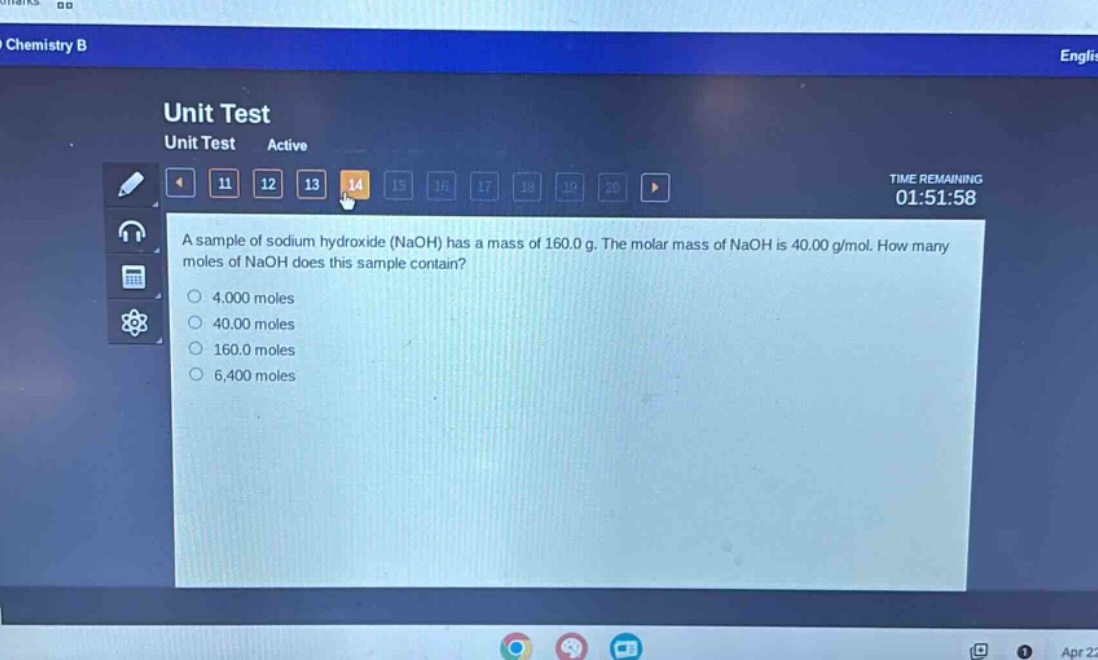 a sample of sodium hydroxide (naoh) has a mass of 160.0 g. the molar mass of naoh is 40.00 g/mol. how many moles of naoh does this sample contain?\n4.000 moles\n40.00 moles\n160.0 moles\n6.400 moles