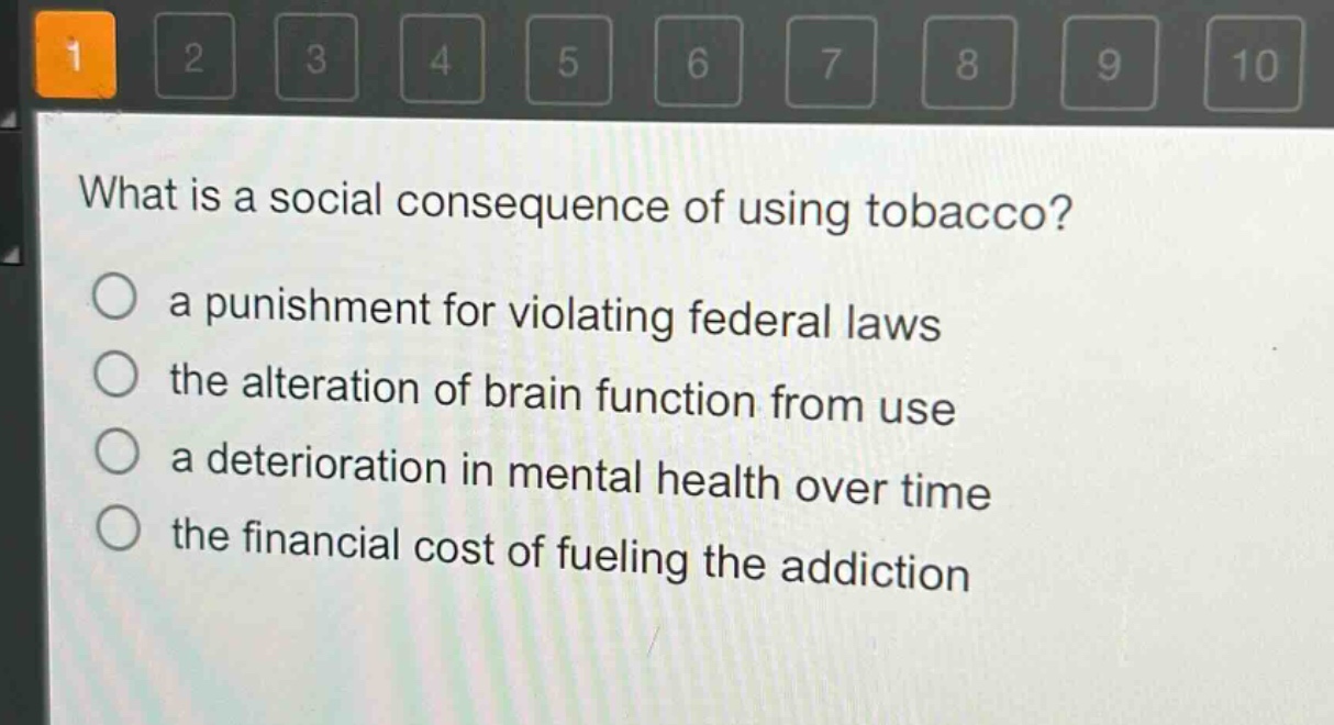 what is a social consequence of using tobacco?\n a punishment for violating federal laws\n the alteration of brain function from use\n a deterioration in mental health over time\n the financial cost of fueling the addiction