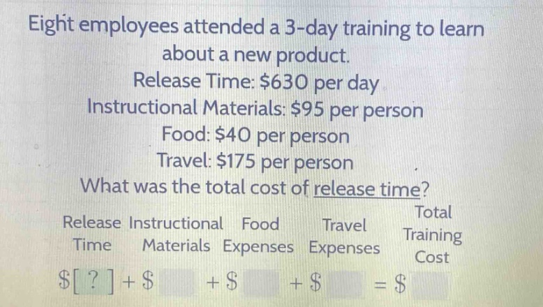 eight employees attended a 3 - day training to learn about a new product. release time: $630 per day instructional materials: $95 per person food: $40 per person travel: $175 per person what was the total cost of release time? release instructional food travel total time materials expenses expenses training cost $?+$ +$ +$ =$