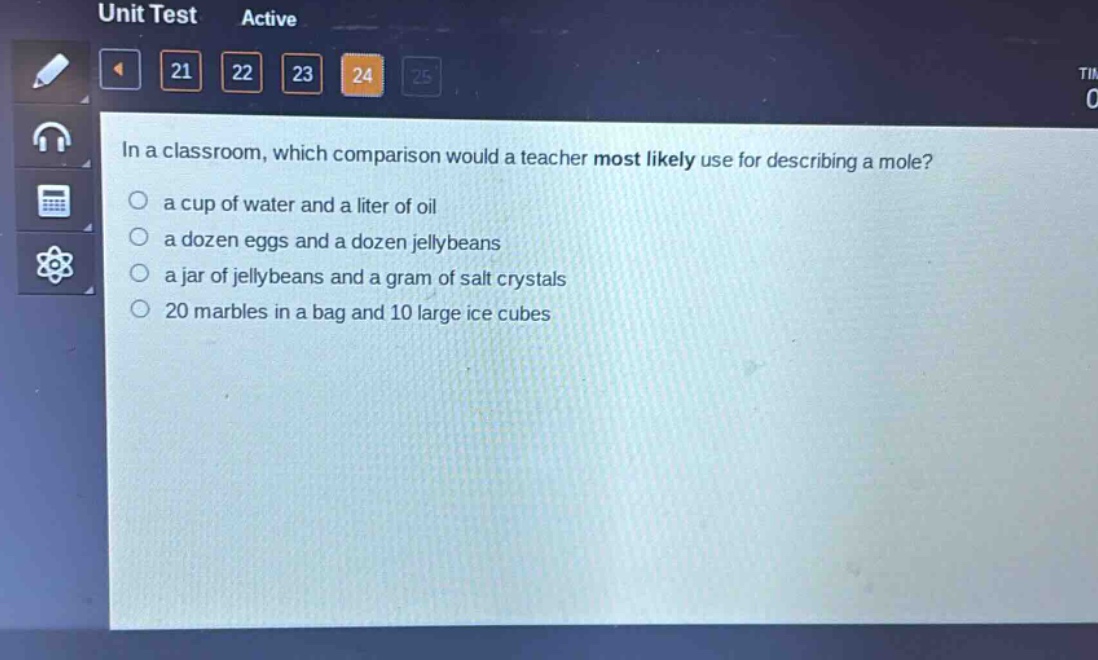 in a classroom, which comparison would a teacher most likely use for describing a mole?\n a cup of water and a liter of oil\n a dozen eggs and a dozen jellybeans\n a jar of jellybeans and a gram of salt crystals\n 20 marbles in a bag and 10 large ice cubes