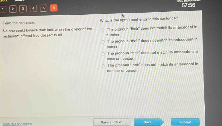 read the sentence. no one could believe their luck when the owner of the restaurant offered free dessert to all. what is the agreement error in this sentence? the pronoun \their\ does not match its antecedent in number. the pronoun \their\ does not match its antecedent in person. the pronoun \their\ does not match its antecedent in case or number. the pronoun \their\ does not match its antecedent in number or person.