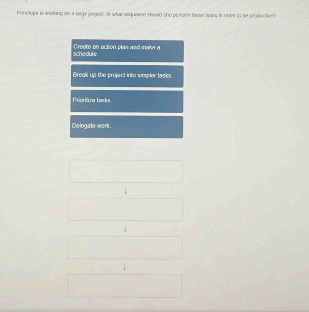 penelope is working on a large project. in what sequence should she perform these tasks in order to be productive? create an action plan and make a schedule. break up the project into simpler tasks. prioritize tasks. delegate work.