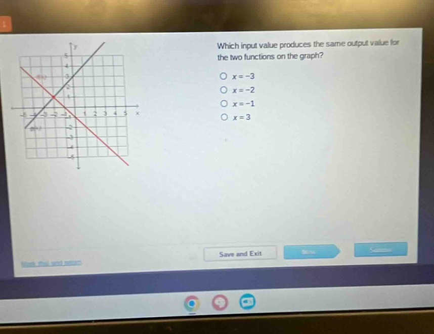 which input value produces the same output value for the two functions on the graph?\no x = -3\no x = -2\no x = -1\no x = 3