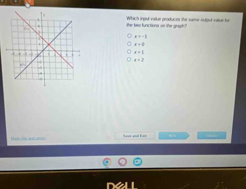 which input value produces the same output value for the two functions on the graph?\n○ x = -1\n○ x = 0\n○ x = 1\n○ x = 2