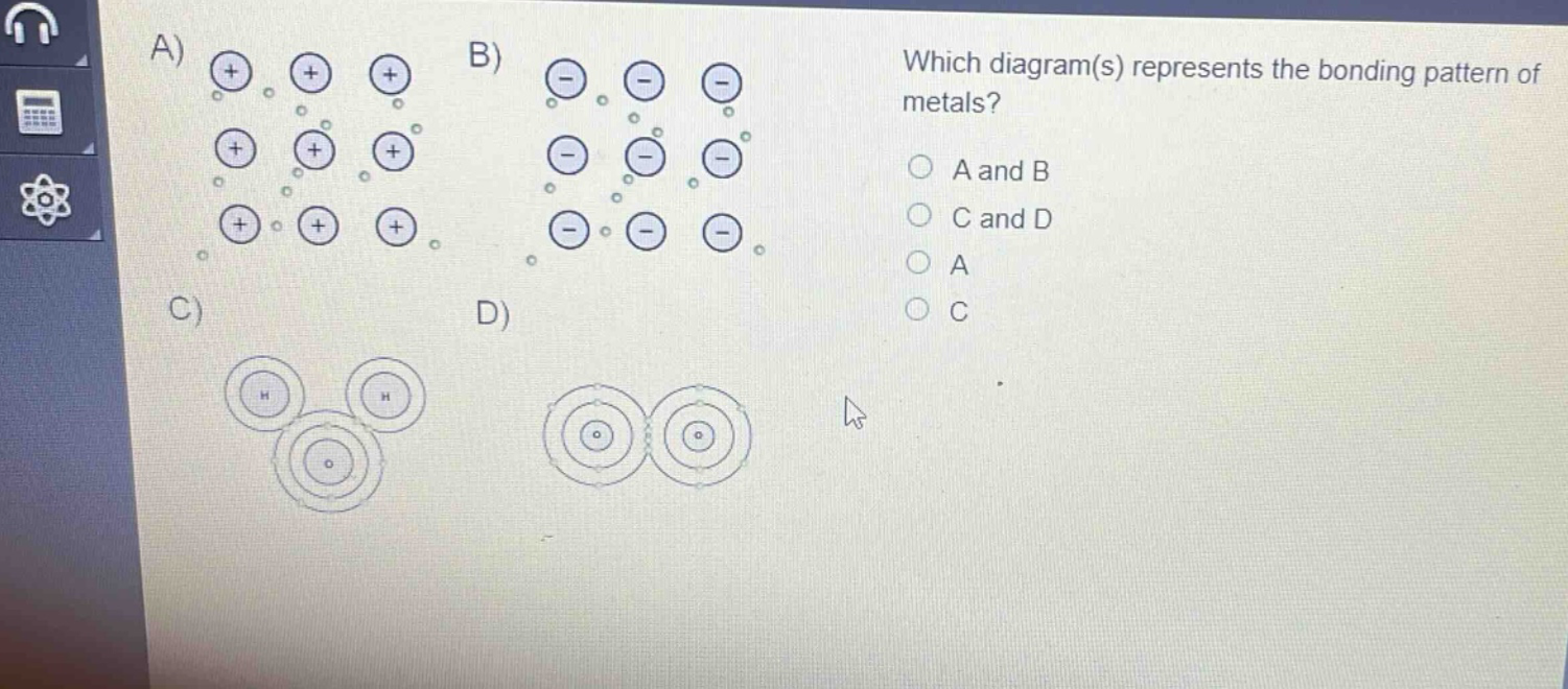 which diagram(s) represents the bonding pattern of metals?\na and b\nc and d\na\nc