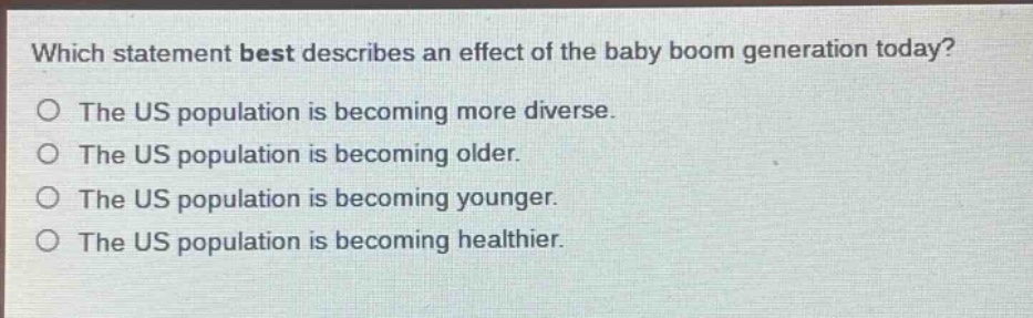 which statement best describes an effect of the baby boom generation today?\nthe us population is becoming more diverse.\nthe us population is becoming older.\nthe us population is becoming younger.\nthe us population is becoming healthier.