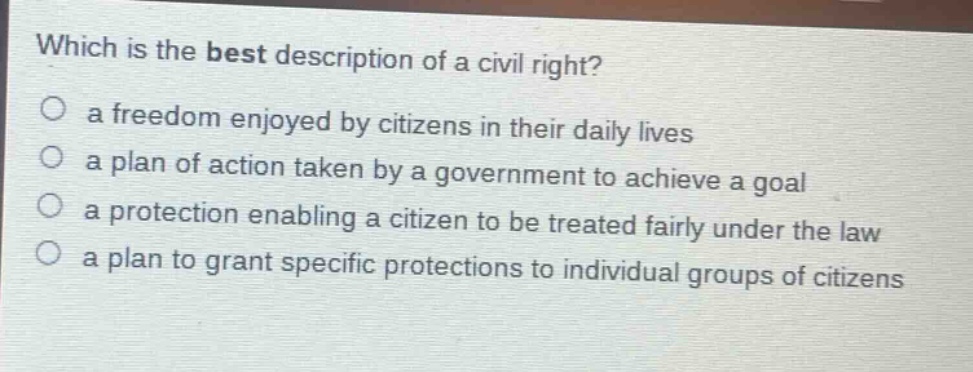 which is the best description of a civil right?\n a freedom enjoyed by citizens in their daily lives\n a plan of action taken by a government to achieve a goal\n a protection enabling a citizen to be treated fairly under the law\n a plan to grant specific protections to individual groups of citizens