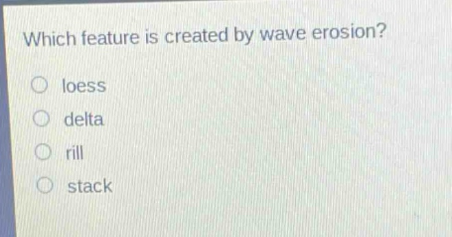 which feature is created by wave erosion?\nloess\ndelta\nrill\nstack