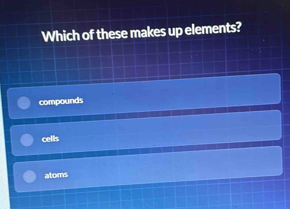 which of these makes up elements?\ncompounds\ncells\natoms