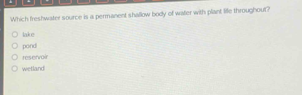 which freshwater source is a permanent shallow body of water with plant life throughout?\nlake\npond\nreservoir\nwetland