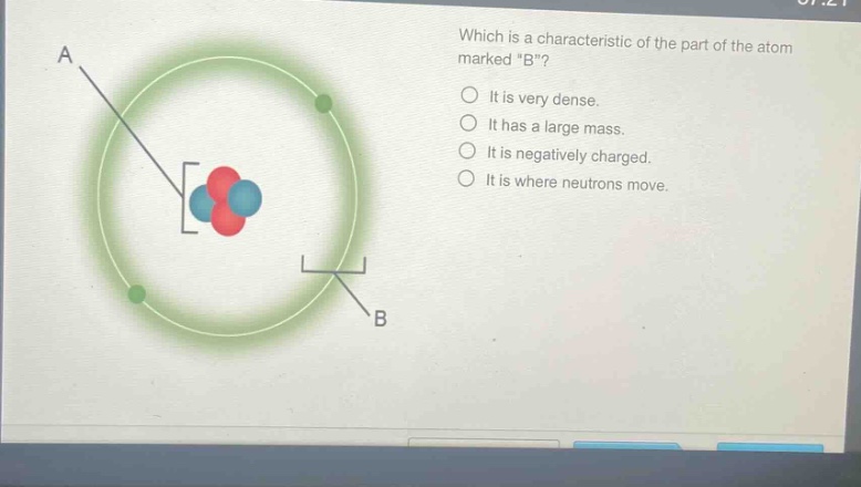 which is a characteristic of the part of the atom marked \b\?\nit is very dense.\nit has a large mass.\nit is negatively charged.\nit is where neutrons move.