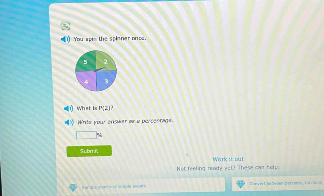 you spin the spinner once. what is p(2)? write your answer as a percentage.