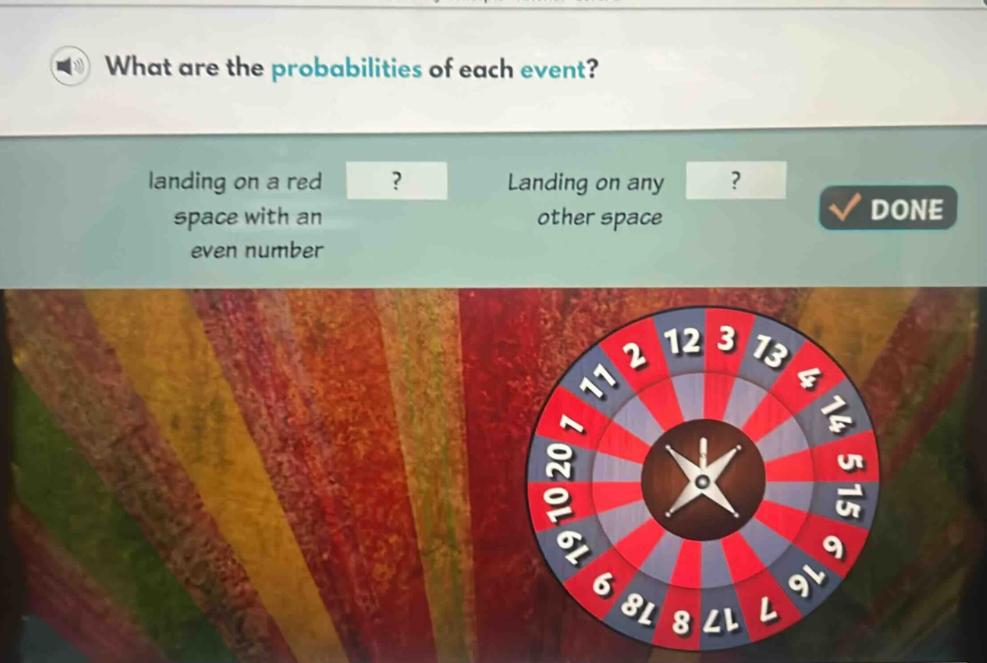 what are the probabilities of each event? landing on a red space with an even number? landing on any other space? done