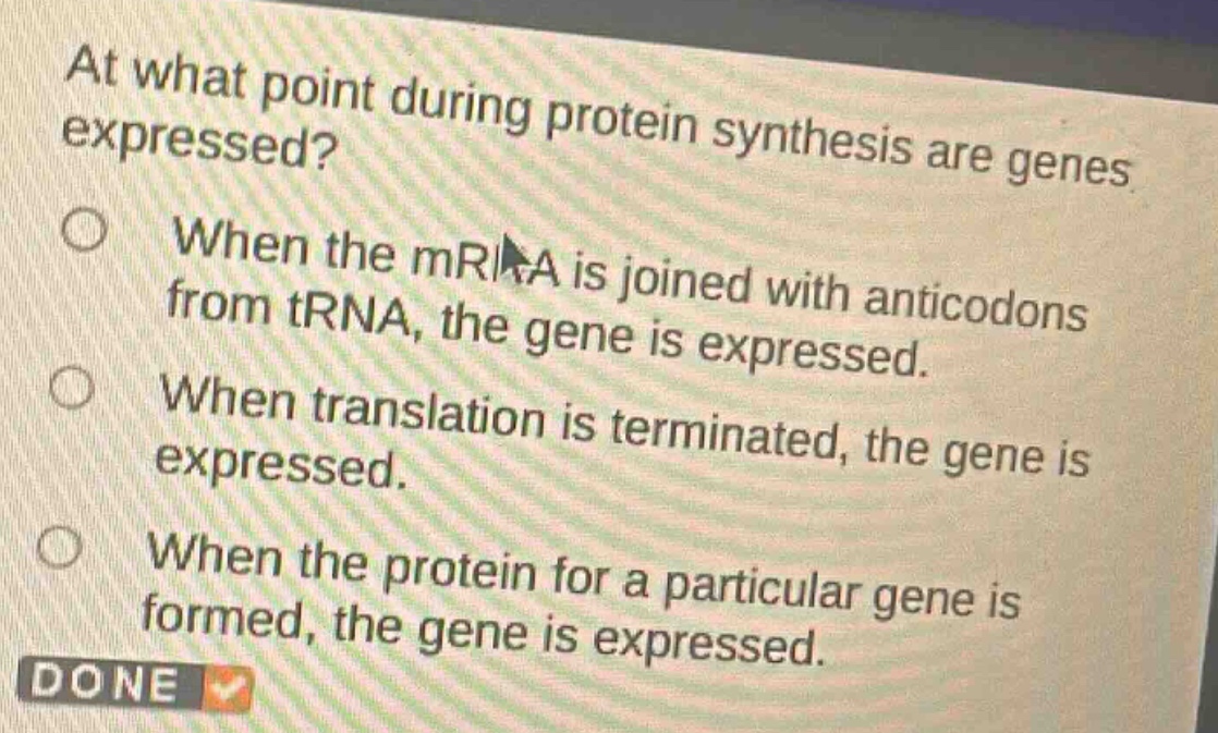 at what point during protein synthesis are genes expressed?\nwhen the mrna is joined with anticodons from trna, the gene is expressed.\nwhen translation is terminated, the gene is expressed.\nwhen the protein for a particular gene is formed, the gene is expressed.