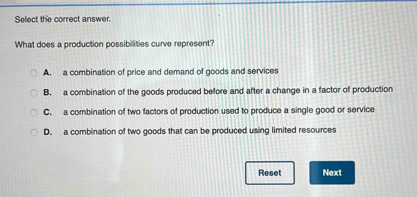 select the correct answer.\nwhat does a production possibilities curve represent?\na. a combination of price and demand of goods and services\nb. a combination of the goods produced before and after a change in a factor of production\nc. a combination of two factors of production used to produce a single good or service\nd. a combination of two goods that can be produced using limited resources