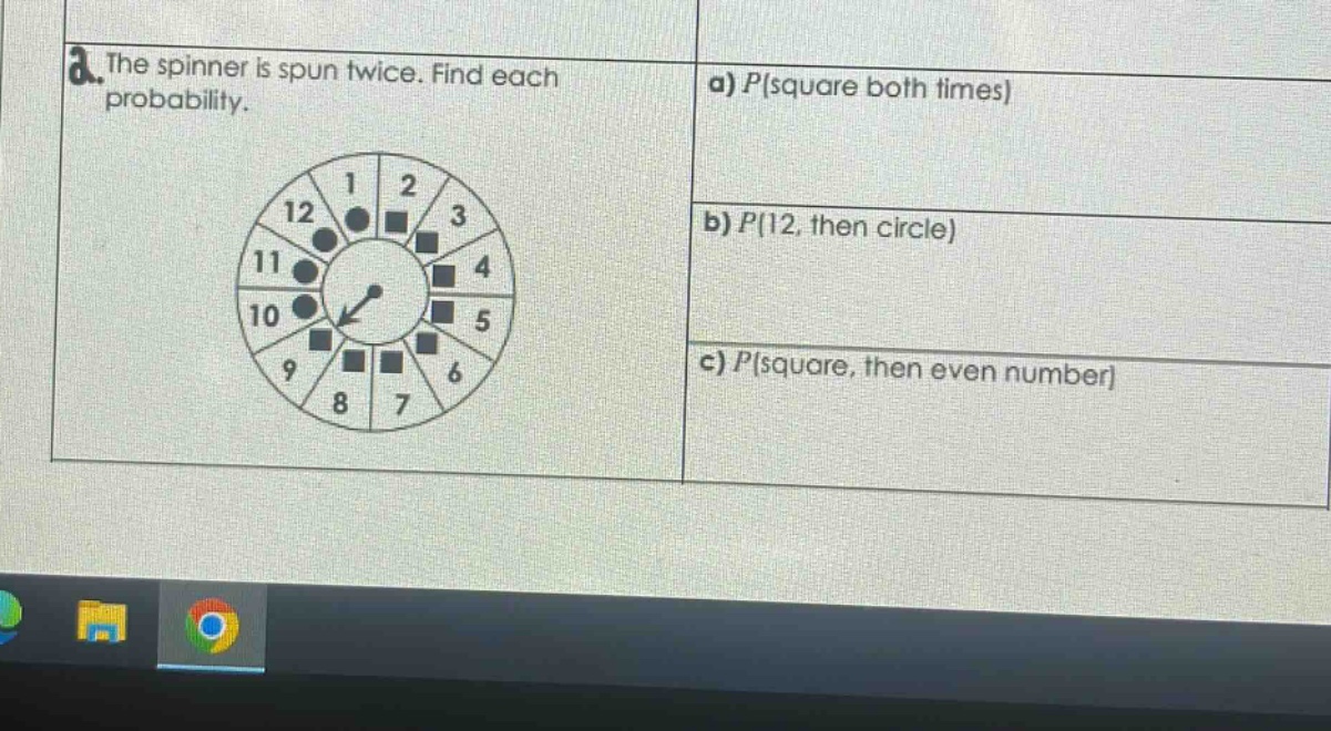 a. the spinner is spun twice. find each probability.\na) p(square both times)\nb) p(12, then circle)\nc) p(square, then even number)