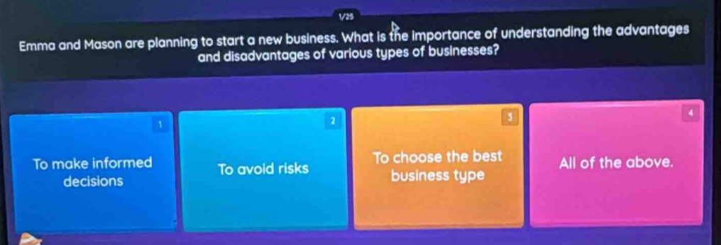 emma and mason are planning to start a new business. what is the importance of understanding the advantages and disadvantages of various types of businesses?\n1. to make informed decisions\n2. to avoid risks\n3. to choose the best business type\n4. all of the above.