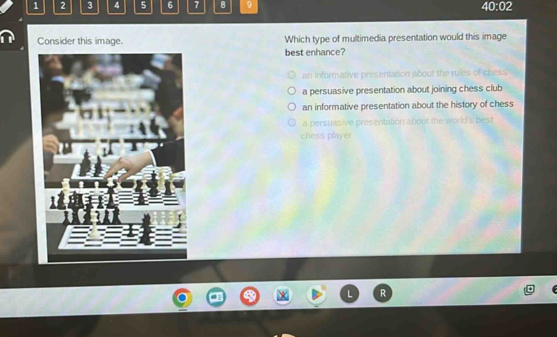consider this image. which type of multimedia presentation would this image best enhance? an informative presentation about the rules of chess a persuasive presentation about joining chess club an informative presentation about the history of chess a persuasive presentation about the worlds best chess player