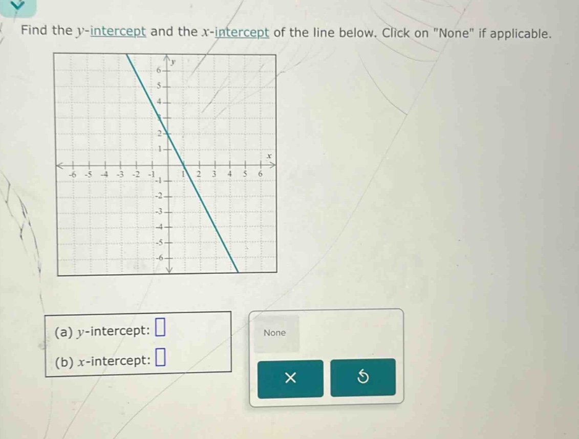 find the y - intercept and the x - intercept of the line below. click on \none\ if applicable.\n(a) y - intercept: \n(b) x - intercept: