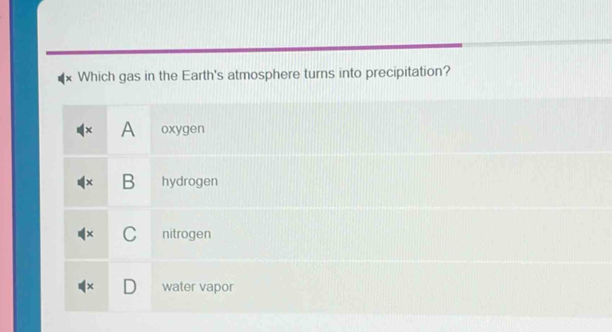 which gas in the earths atmosphere turns into precipitation?\na oxygen\nb hydrogen\nc nitrogen\nd water vapor