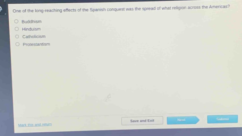 one of the long - reaching effects of the spanish conquest was the spread of what religion across the americas?\n○ buddhism\n○ hinduism\n○ catholicism\n○ protestantism
