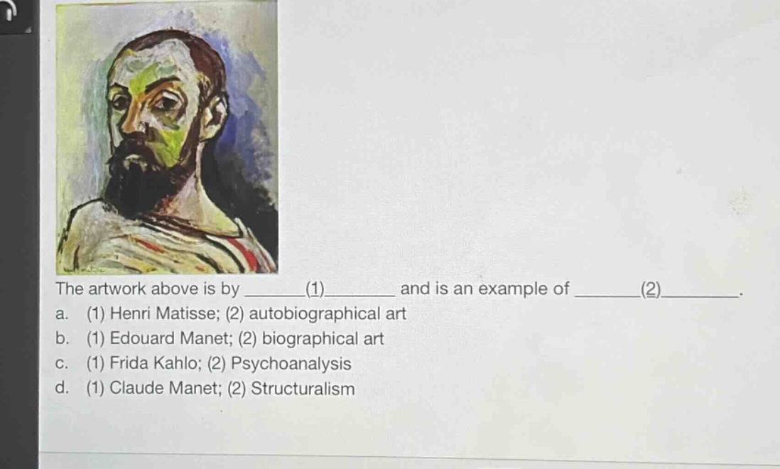 the artwork above is by ______(1)________ and is an example of ______(2)______. a. (1) henri matisse; (2) autobiographical art b. (1) edouard manet; (2) biographical art c. (1) frida kahlo; (2) psychoanalysis d. (1) claude manet; (2) structuralism