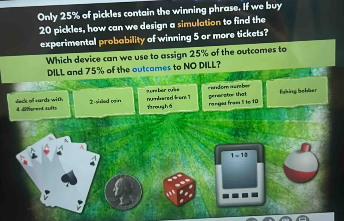 only 25% of pickles contain the winning phrase. if we buy 20 pickles, how can we design a simulation to find the experimental probability of winning 5 or more tickets? which device can we use to assign 25% of the outcomes to dill and 75% of the outcomes to no dill? deck of cards with 4 different suits 2 - sided coin number cube numbered from 1 through 6 random number generator that ranges from 1 to 10 fishing bobber