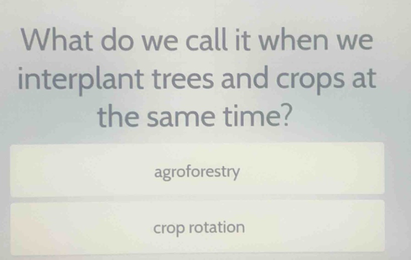 what do we call it when we interplant trees and crops at the same time?\nagroforestry\ncrop rotation