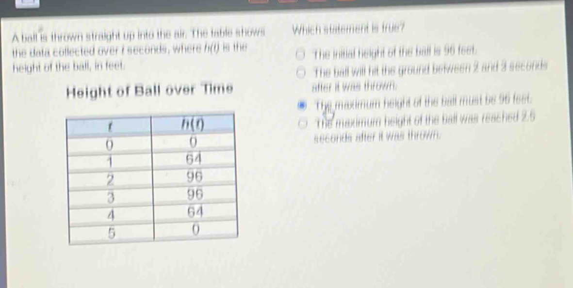 a ball is thrown straight up into the air. the table shows the data collected over t seconds, where h(t) is the height of the ball, in feet.\nheight of ball over time\n| t | h(t) |\n|----|----| \n| 0 | 0 |\n| 1 | 64 |\n| 2 | 96 |\n| 3 | 96 |\n| 4 | 64 |\n| 5 | 0 |\nwhich statement is true?\nthe initial height of the ball is 96 feet.\nthe ball will hit the ground between 2 and 3 seconds after it was thrown.\nthe maximum height of the ball must be 96 feet.\nthe maximum height of the ball was reached 2.5 seconds after it was thrown.