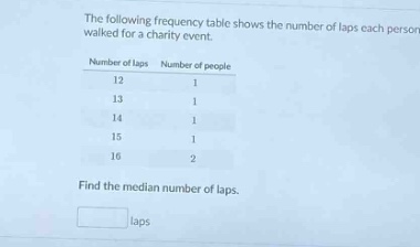 the following frequency table shows the number of laps each person walked for a charity event.\nnumber of laps number of people\n12 1\n13 1\n14 1\n15 1\n16 2\nfind the median number of laps.\nlaps