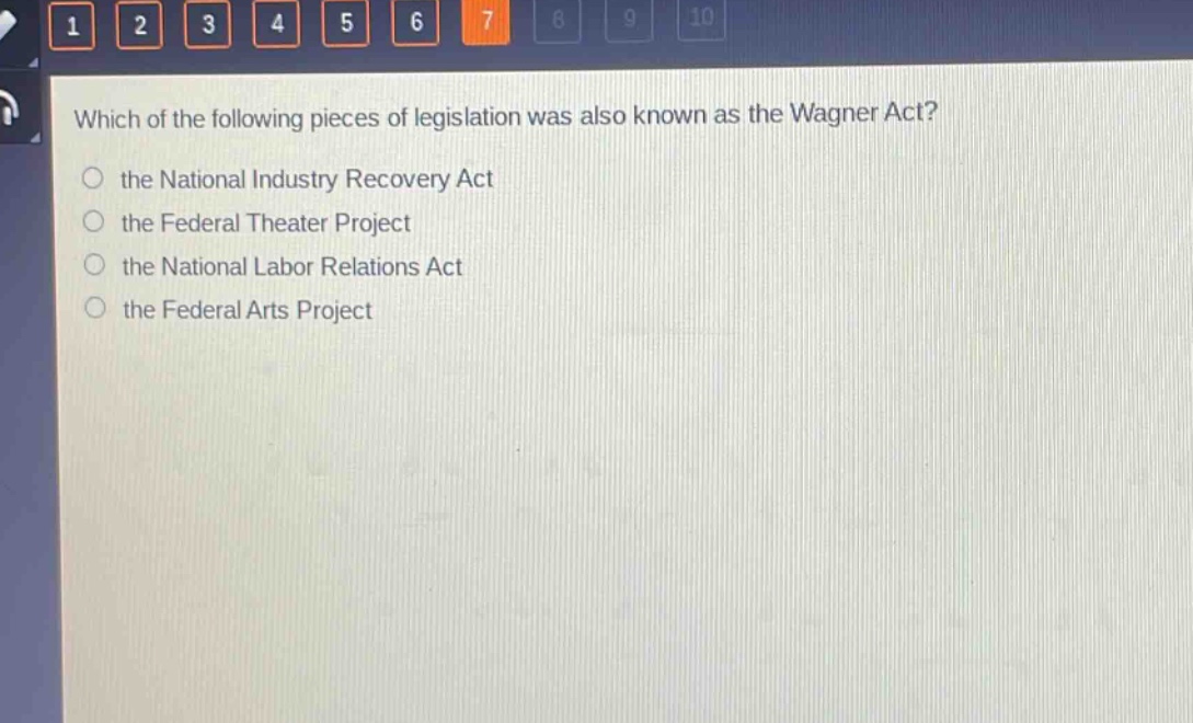 which of the following pieces of legislation was also known as the wagner act?\n the national industry recovery act\n the federal theater project\n the national labor relations act\n the federal arts project