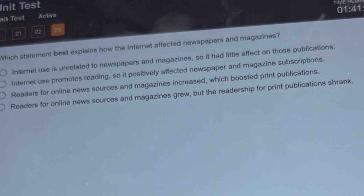 which statement best explains how the internet affected newspapers and magazines?\ninternet use is unrelated to newspapers and magazines, so it had little effect on those publications.\ninternet use promotes reading, so it positively affected newspaper and magazine subscriptions.\nreaders for online news sources and magazines increased, which boosted print publications.\nreaders for online news sources and magazines grew, but the readership for print publications shrank.
