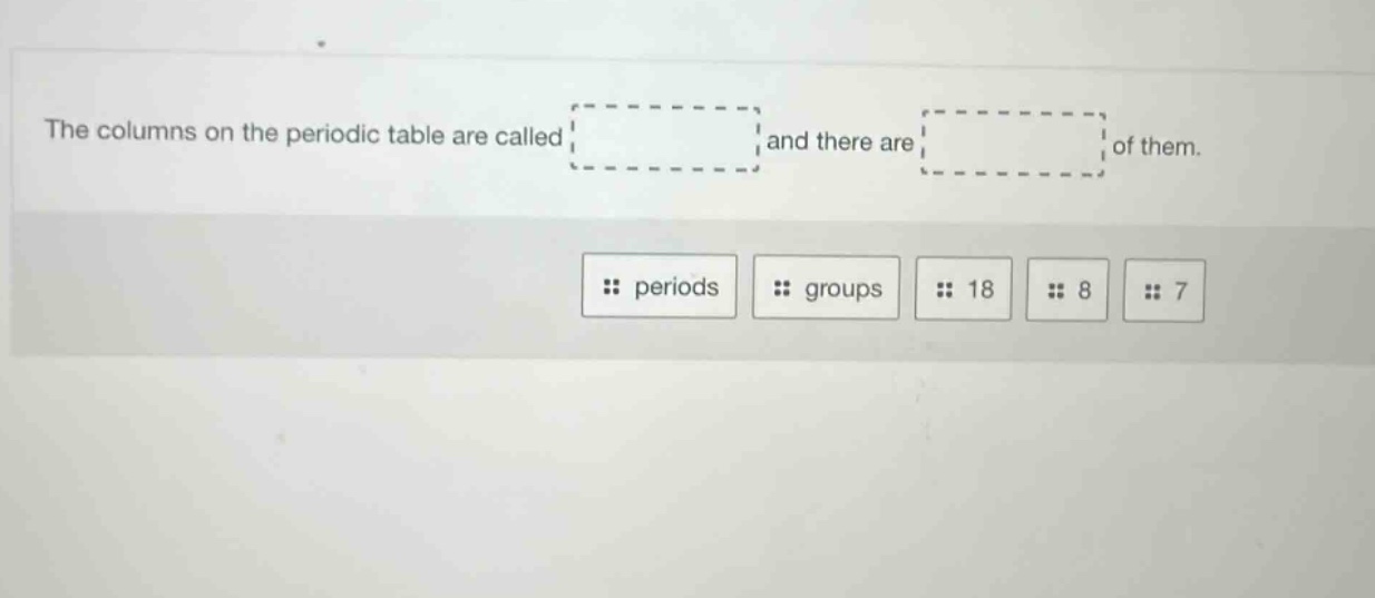 the columns on the periodic table are called and there are of them. periods groups 18 8 7