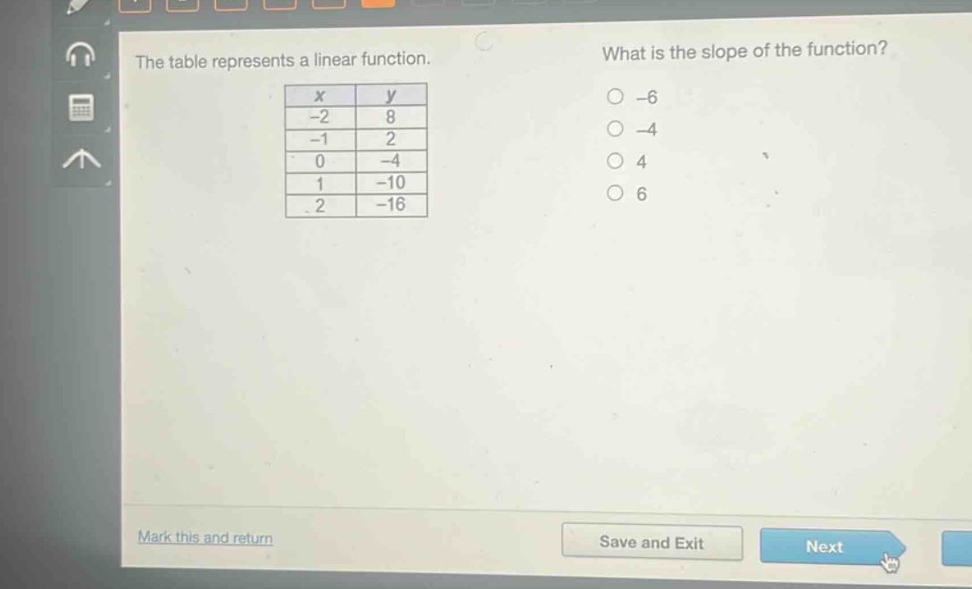 the table represents a linear function. what is the slope of the function?\n| x | y |\n| -2 | 8 |\n| -1 | 2 |\n| 0 | -4 |\n| 1 | -10 |\n| 2 | -16 |\n-6\n-4\n4\n6