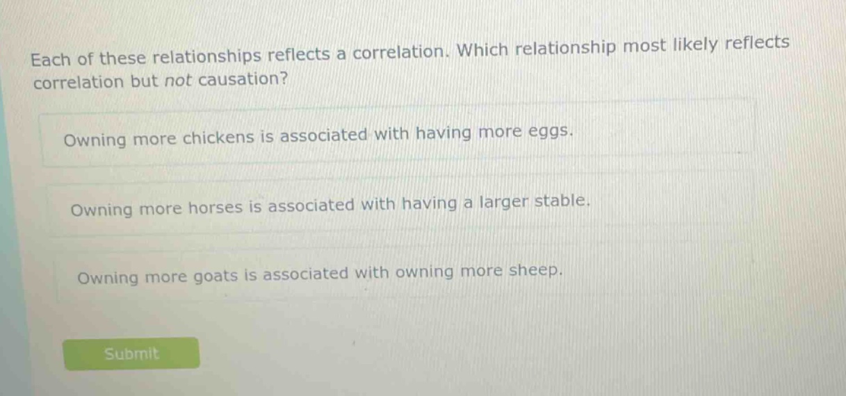 each of these relationships reflects a correlation. which relationship most likely reflects correlation but not causation?\nowning more chickens is associated with having more eggs.\nowning more horses is associated with having a larger stable.\nowning more goats is associated with owning more sheep.
