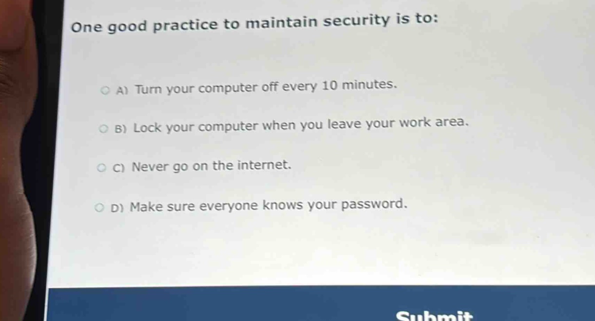 one good practice to maintain security is to:\na) turn your computer off every 10 minutes.\nb) lock your computer when you leave your work area.\nc) never go on the internet.\nd) make sure everyone knows your password.