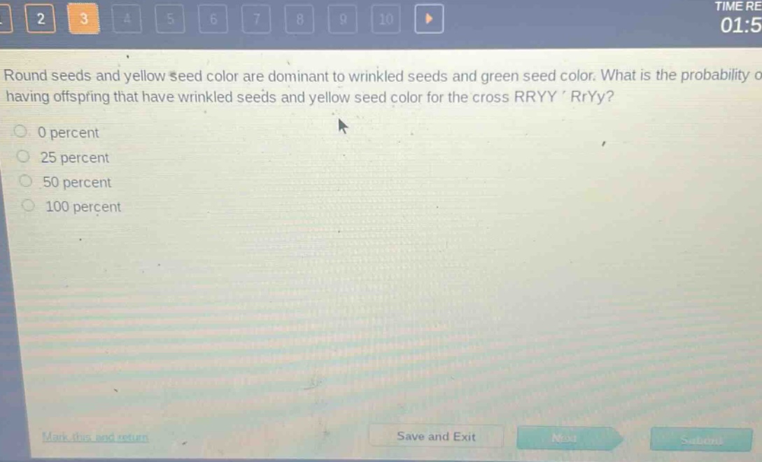 round seeds and yellow seed color are dominant to wrinkled seeds and green seed color. what is the probability of having offspring that have wrinkled seeds and yellow seed color for the cross rryy × rryy?\n0 percent\n25 percent\n50 percent\n100 percent
