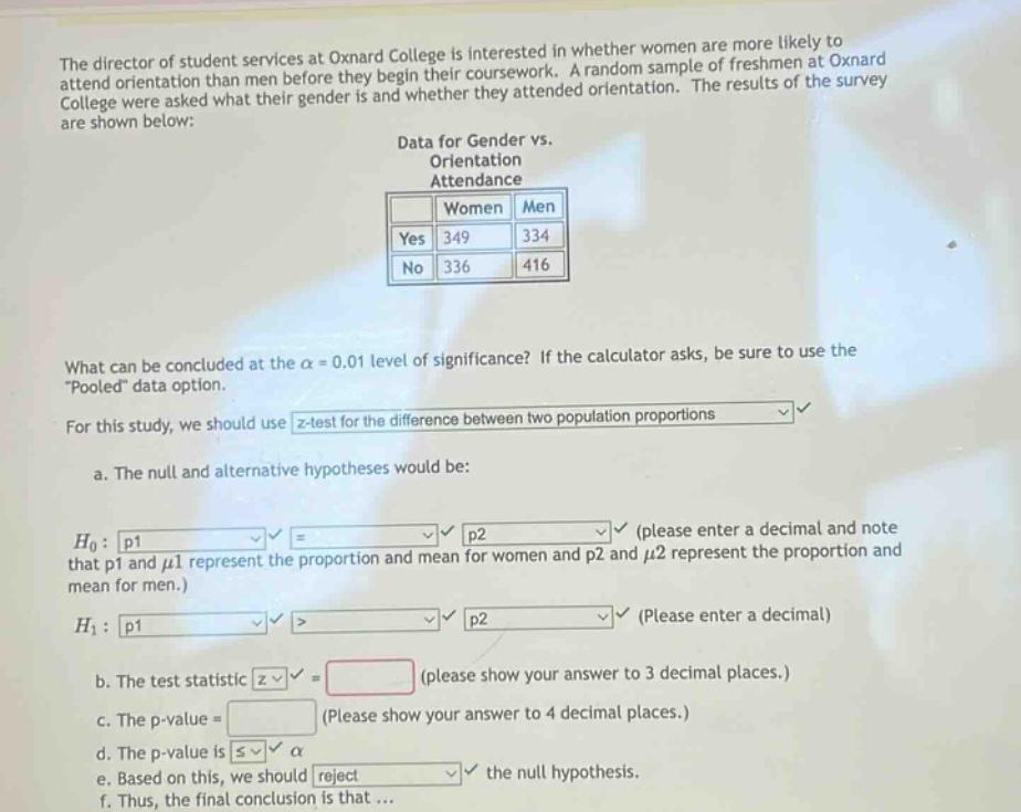 the director of student services at oxnard college is interested in whether women are more likely to attend orientation than men before they begin their coursework. a random sample of freshmen at oxnard college were asked what their gender is and whether they attended orientation. the results of the survey are shown below:\ndata for gender vs. orientation attendance\n| | women | men |\n|--|--|--|\n| yes | 349 | 334 |\n| no | 336 | 416 |\nwhat can be concluded at the $alpha = 0.01$ level of significance? if the calculator asks, be sure to use the \pooled\ data option.\nfor this study, we should use z - test for the difference between two population proportions\n\na. the null and alternative hypotheses would be:\n$h_0$: $p1$ = $p2$ (please enter a decimal and note that $p1$ and $mu1$ represent the proportion and mean for women and $p2$ and $mu2$ represent the proportion and mean for men.)\n$h_1$: $p1$ > $p2$ (please enter a decimal)\n\nb. the test statistic $z$ = (please show your answer to 3 decimal places.)\n\nc. the p - value = (please show your answer to 4 decimal places.)\n\nd. the p - value is $s$ $alpha$\n\ne. based on this, we should reject the null hypothesis.\n\nf. thus, the final conclusion is that...