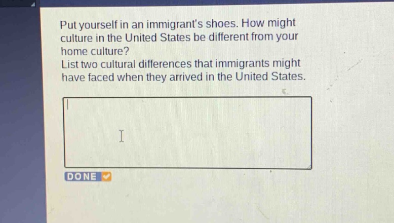 put yourself in an immigrants shoes. how might culture in the united states be different from your home culture? list two cultural differences that immigrants might have faced when they arrived in the united states.