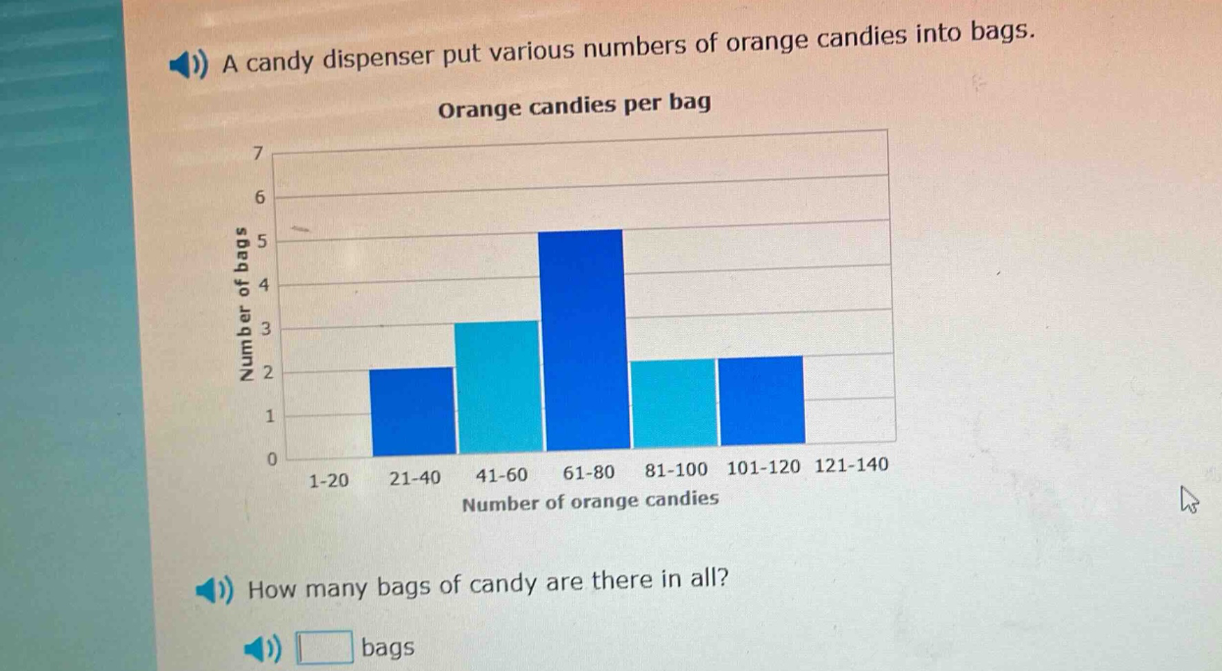 a candy dispenser put various numbers of orange candies into bags. orange candies per bag how many bags of candy are there in all? bags