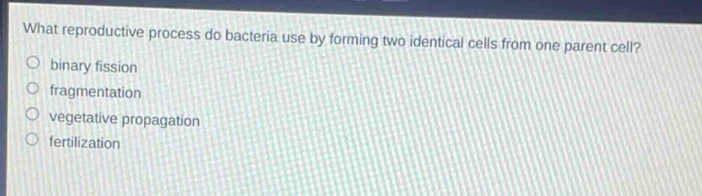 what reproductive process do bacteria use by forming two identical cells from one parent cell?\n○ binary fission\n○ fragmentation\n○ vegetative propagation\n○ fertilization