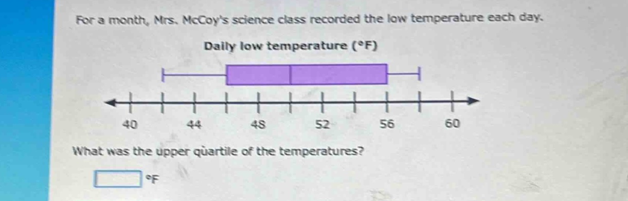for a month, mrs. mccoys science class recorded the low temperature each day. daily low temperature (°f) what was the upper quartile of the temperatures? °f