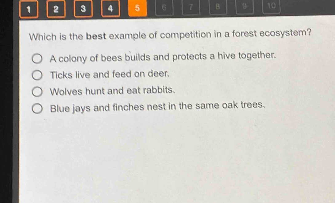 which is the best example of competition in a forest ecosystem?\na colony of bees builds and protects a hive together.\nticks live and feed on deer.\nwolves hunt and eat rabbits.\nblue jays and finches nest in the same oak trees.