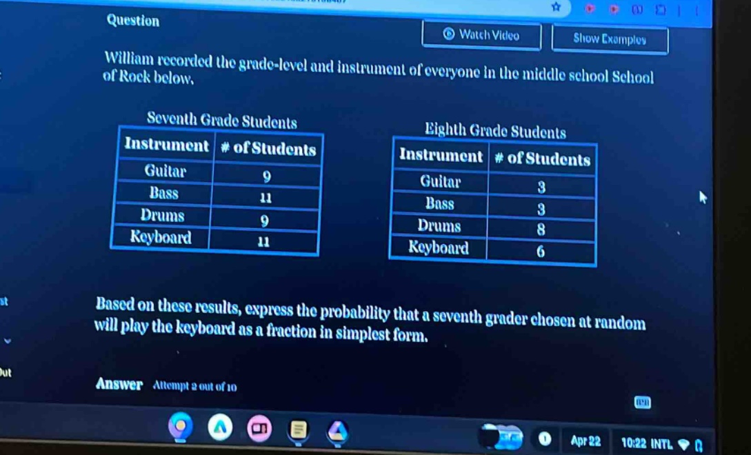 william recorded the grade - level and instrument of everyone in the middle school school of rock below.\nseventh grade students\n|instrument|# of students|\n|--|--|\n|guitar|9|\n|bass|11|\n|drums|9|\n|keyboard|11|\neighth grade students\n|instrument|# of students|\n|--|--|\n|guitar|3|\n|bass|3|\n|drums|8|\n|keyboard|6|\nbased on these results, express the probability that a seventh grader chosen at random will play the keyboard as a fraction in simplest form.