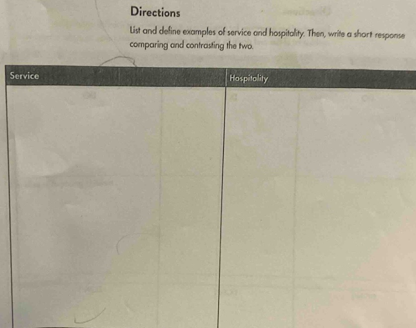 directions\nlist and define examples of service and hospitality. then, write a short response comparing and contrasting the two.\nservice\thospitality