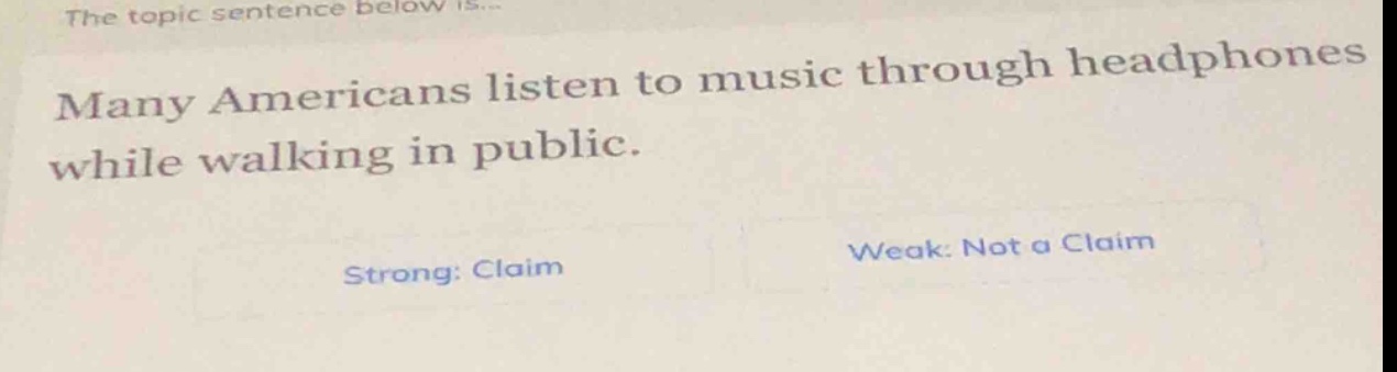 the topic sentence below is... many americans listen to music through headphones while walking in public. strong: claim weak: not a claim