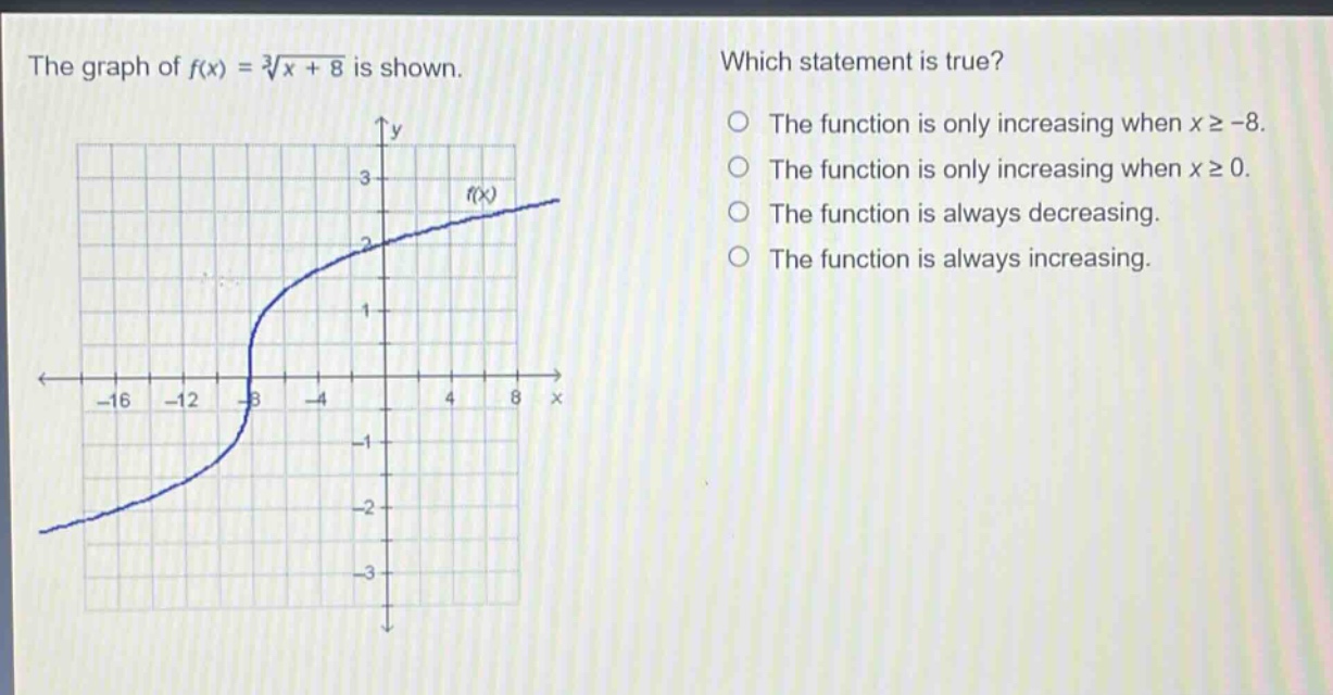 the graph of f(x) = \\sqrt3{x + 8} is shown. which statement is true? the function is only increasing when x ≥ -8. the function is only increasing when x ≥ 0. the function is always decreasing. the function is always increasing.