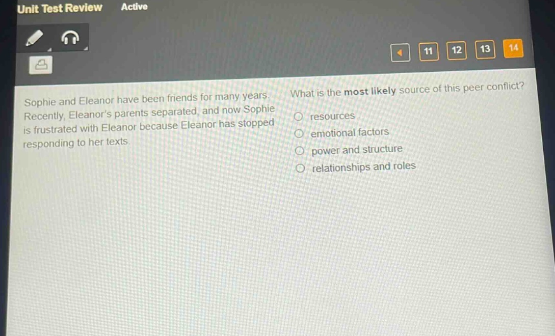 sophie and eleanor have been friends for many years. recently, eleanor’s parents separated, and now sophie is frustrated with eleanor because eleanor has stopped responding to her texts. what is the most likely source of this peer conflict? resources emotional factors power and structure relationships and roles